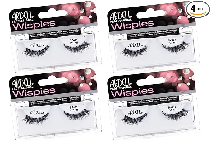 Ardell Wispies Eyelashes Baby Demi - Black, Soft Band Dramatic Volume Wispy Lashes, 4 Pack