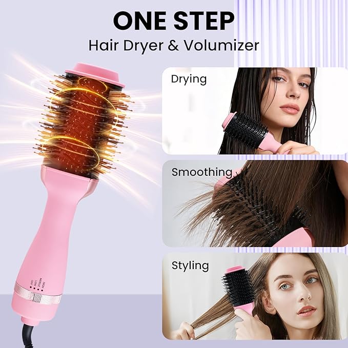 4-in-1 Hair Dryer Brush, Ionic Ceramic Titanium Hot Air Styler with ALCI Safety Plug, 3 Heat Settings for Frizz-Free Blowouts, Salon Volumizer and Straightener (Pink)