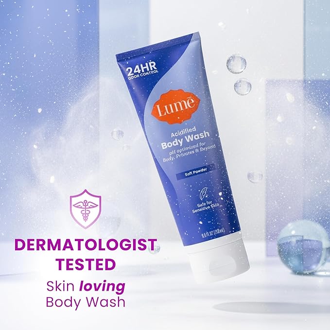 Lume Acidified Body Wash for 24 Hour Odor Control - Removes Odor Better than Soap - Hydrating Formula - Formulated without SLS or Parabens - Safe for Sensitive Skin - 8.5 Ounce - 2 Pack (Soft Powder)