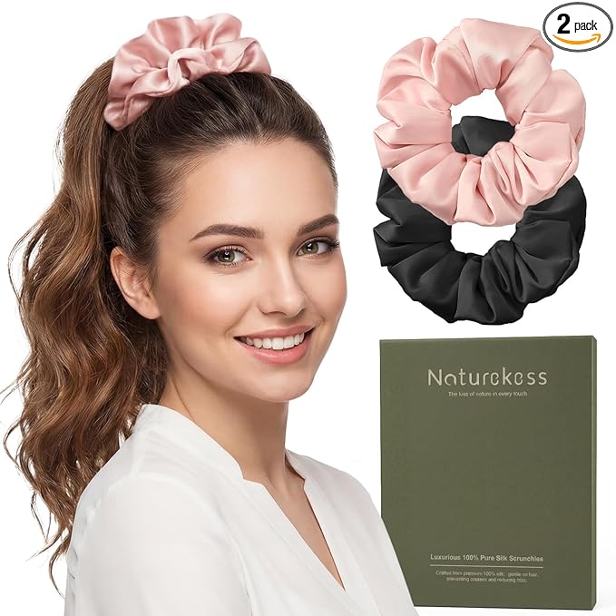 Silk Hair Scrunchies for Women, 100% Mulberry Silk Hair Ties, No Damage for Curly Hair, Large Scrunchie for Sleep, (Black, Blush pinK, L)