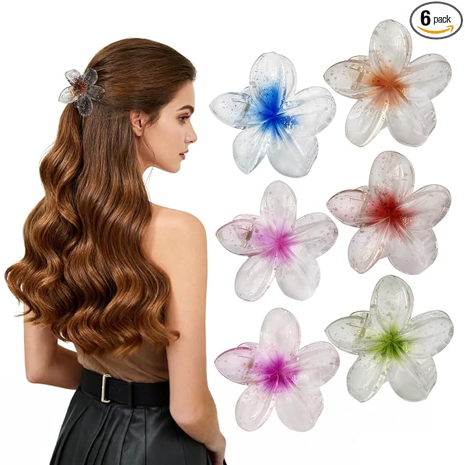 Hawaiian Flower Hair Clips for Women, Tropical Plumeria Hibiscus Claw Clips for Thick/Thin Hair, Non-Slip Large Hair Claws for Women Girls, Beach Vacation Hair Accessories 6 Pcs