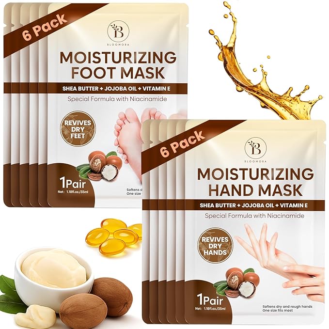 BLOOMORA Moisturizing Hand & Foot Mask Set with Shea Butter, Jojoba Oil & Vitamin E, Foot Mask for Dry Cracked Feet & Hand Moisturizer Gloves, 6 Hydrating Socks, 6 Moisturizing Gloves (6 pairs each)