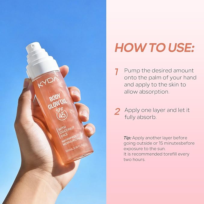 KYDA Travel Size Sunscreen, SPF 45 Body Glow Oil with Sequin Mica, Lightweight Moisturizing Coconuts Sunscreen SPF Glow Oil, Sun-kissed Shimmer Body Lotion, Water Resistant, 3.38 fl oz, ROSE