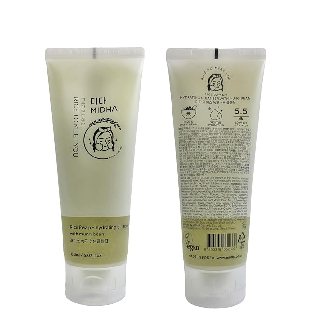 MIDHA RICE LOW PH HYDRATING CLEANSER WITH MUNG BEAN, 5.07fl.oz/150ml,Balanced pH Gel Cleanser, Hydrating, Soothing, Gentle Daily Cleanser, Deep Cleansing, Pore-Purifying, Nourishing Care