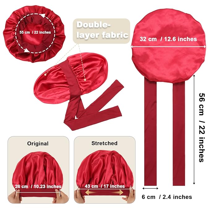Satin Bonnet for Women With Tie Band - Large 2 Layered Silk Sleeping Cap Nightcap With 3PCS Hair Scrunchies (Wine Red)