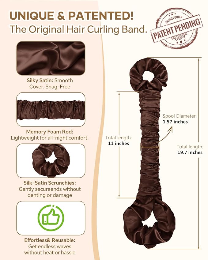 BONNET QUEEN Satin Heatless Hair Curler, Overnight Curls for Long Hair, Ultra Soft Daily Use of Hair Accessories & 2 Scrunchies, Damage-Free Styling, Soft Hair Curlers for Overnight, Brown