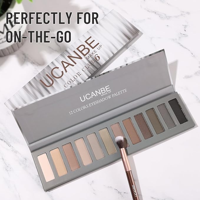 UCANBE 12 Color Eyeshadow Makeup Palette, Neutral Matte Shimmer Nude Eye Shadow Make Up Pallet with Double-ended Brush Set Kit, Highly Pigmented Long Lasting Waterproof