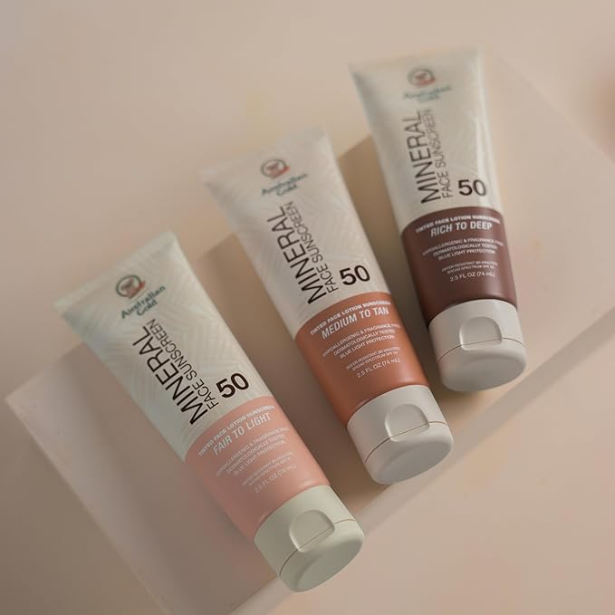 Australian Gold SPF 50 Tinted Mineral Face Sunscreen, Medium to Tan, 2.5 fl oz, Broad Spectrum, Non-Greasy BB Cream with Blue Light & Sun Protection, 4% Zinc Oxide & Titanium Dioxide, Hypoallergenic