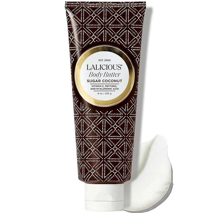 LaLicious Sugar Coconut Whipped Body Butter 8oz | Ultra-Hydrating Shea Butter Body Cream with Hyaluronic Acid, Vitamin C & Peptides | Deep Moisturizing Lotion for Dry Skin, Firming & Skin-Softening