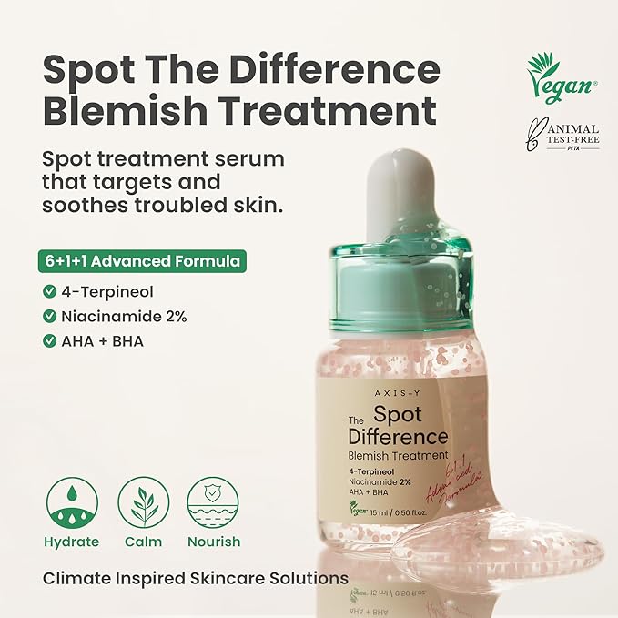 AXIS-Y Spot The Difference Blemish Spot Treatment - 4-Terpineol 2% Niacinamide AHA BHA Soothes Breakouts & Skin Barrier Repair - Vegan Korean Skin Care Face Serum (0.50 fl. oz.)