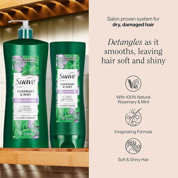 Suave Conditioner, Rosemary & Mint, 2-Size Bundle – Gentle, Invigorating Conditioner for Revitalizing Dry, Damaged Hair
