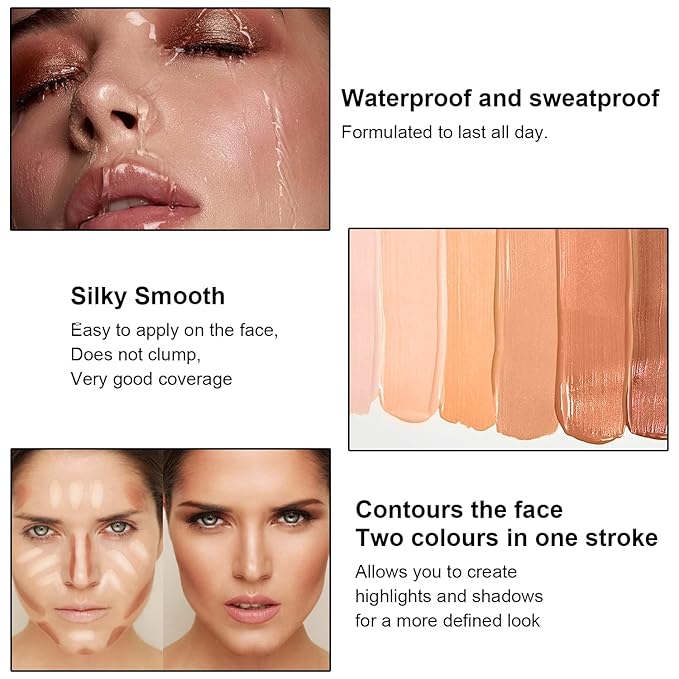 6 Colors Cream Contour Stick Makeup Kit, Shades with Highlighter, Blush and Double-End Bronzer Contour Stick for Sculpt the Cheeks, Long Lasting, Waterproof, Matte & Dewy Finish (SET B)