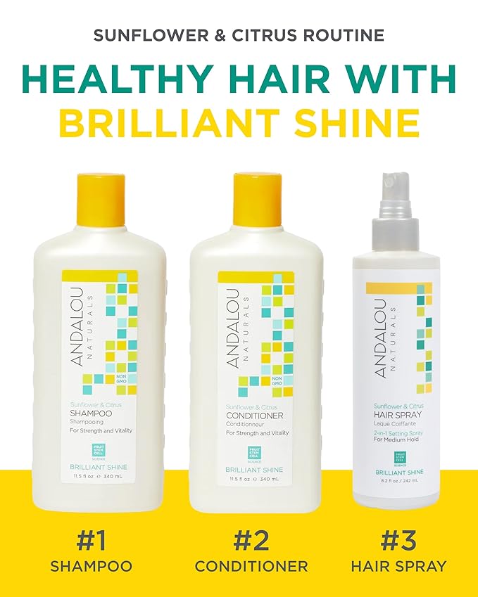 Andalou Naturals Sunflower & Citrus Brilliant Shine Hair Spray | Styling for Shine & Medium Hold | Aloe Vera for Frizz Control | Natural & Cruelty Free | 8.2 fl oz