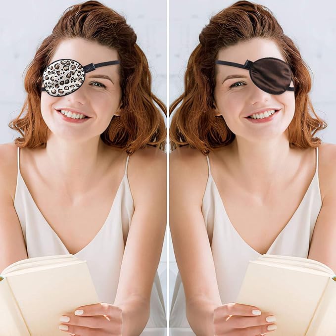 eZAKKA 2 Pieces Silk Eye Patch Medical Eye Patch for Adult Women Elastic Lazy Adjustable Single Eyepatch with Elastic Strap (L, Brown+Leopard)