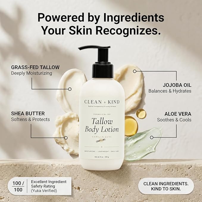 Vanilla Tallow Body Lotion 16 oz Family Size — Hydrating Non-Toxic Body Moisturizer & Cream, Grass-Fed Beef, Organic Shea, Jojoba, Coconut MCT & Aloe for Dry Sensitive Skin