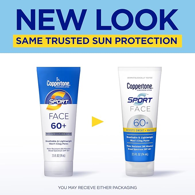 Coppertone Sport Face Sunscreen Lotion SPF 60+, Water Resistant Sunscreen with Broad Spectrum SPF 60+, Lightweight and Breathable, 2.5 Fl Oz Tube