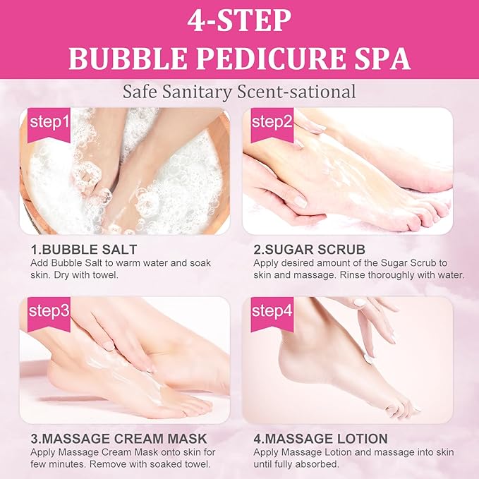 Pedicure Kit Foot Soak Set: Bubble Salt, Sugar Scrub, Massage Mask, Massage Lotion in a Box, 4 Step Foot Spa Kit for Dry Feet, Softens Calluses, Soothes Sore, Tired Feet（3 Set Rose
