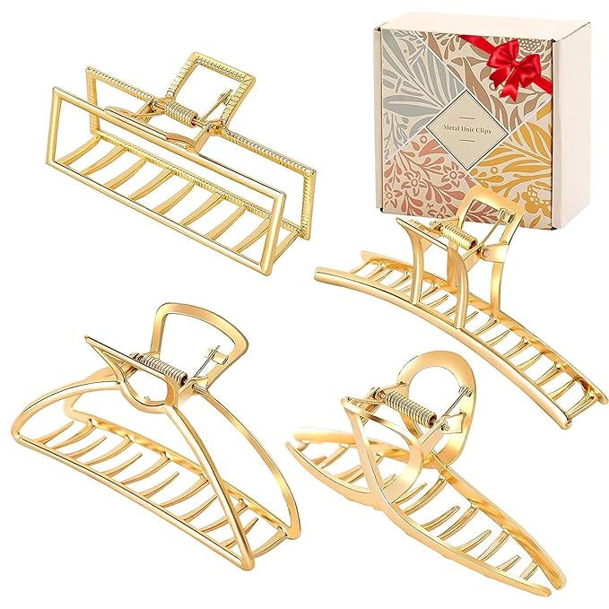 4 Pack Large Gold Hair Claw Clips for Women Thick Hair, French Design Metal Cross Banana Non-Slip Hair Catch Barrette Jaw Clamp Clips for Women and Girls