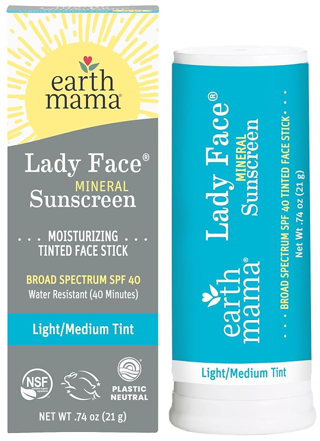Earth Mama Lady Face Tinted Mineral Sunscreen Stick SPF 40-0.74 oz - Light/Medium Tint - Non-Nano Zinc - Broad Spectrum Face Sunscreen - Blends with Most Skin Tones