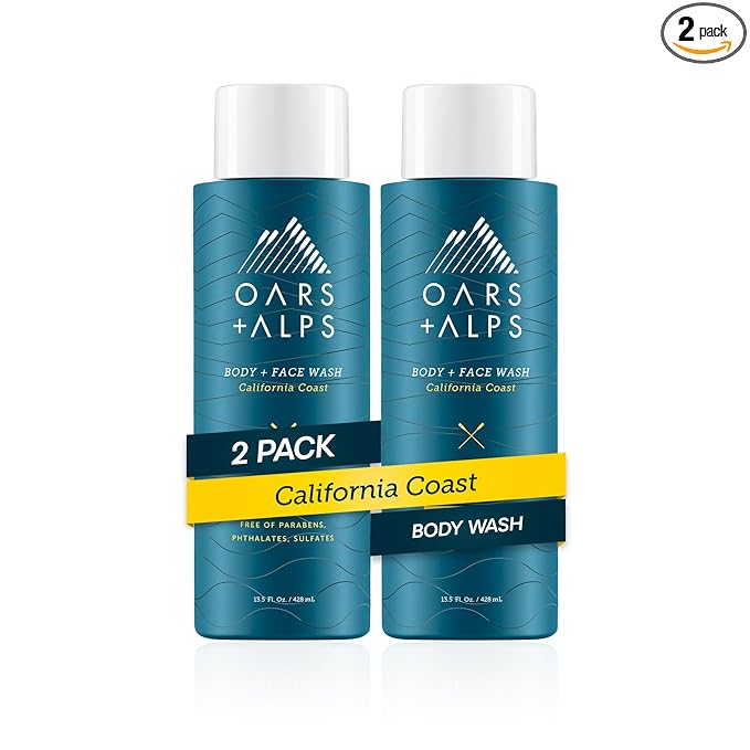 Oars + Alps Body Wash for Men, Mens Body Wash & Face Cleanser with Vitamin E & Antioxidants, Moisturizing, Paraben & Sulfate Free Cleanser, California Coast, 2pk
