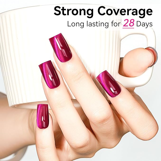 Hot Pink Cat Eye Gel Nail Polish, Magentic Nail Polish With Magnet Red Pink Double Magic Effect, Jelly Color Glitter Shimmer UV Gel for Gift Salon DIY at Home