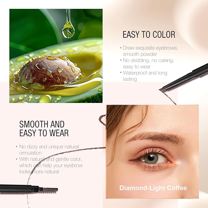 Eyebrow Pencil, Retractable Definer with Dual Brush, Ultra-Fine Tip for Precise Brow Makeup, Waterproof Gel Formula, Natural Hair-Like Strokes, Enhance Beauty (Light Coffee, Diamond)