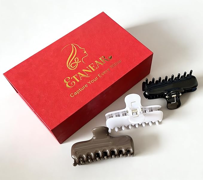 3Pcs Rectangle Hair Claw Clips for Women, 3.8" Premium PC Material Non-Slip Strong Hold Hair Claw for Thick Thin Hair, Durable Comfortable Jaw Clip Large Stylish Hair Accessories Gift Box Set