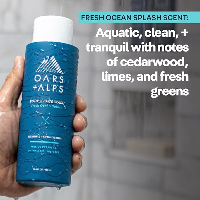 Oars + Alps Body Wash for Men, Mens Body Wash & Face Cleanser with Vitamin E & Antioxidants, Moisturizing, Paraben & Sulfate Free Cleanser, Fresh Ocean Splash, 2pk