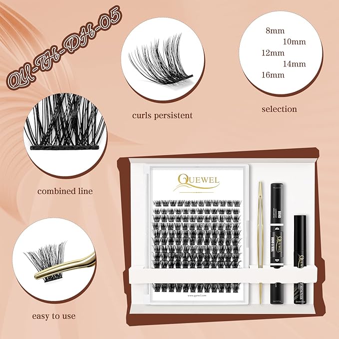 QUEWEL Lash Clusters Kit 144 Pcs Eyelash Clusters, with Applicator Tool, Super Hold Cluster Lashes Bond and Seal, Glue Remover Easy to Apply at Home(Honey01-Kit)