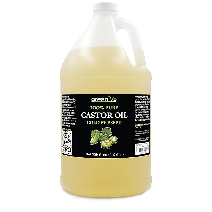 GreenIVe 100% Pure Castor Oil – Cold-Pressed, Hexane-Free – Hair, Eyebrows, Eyelashes, Skin Moisturizer, Castor Pack Wrap Oil Bulk Bottle (1 Gallon)