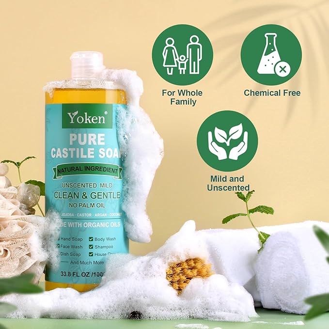 Yoken Pure Castile Soap Liquid Unscented 67 fl oz Castile Liquid Soap Made With Organic Oil, Clean & Gentle, No Palm Oil, Vegan, Natural Castille soaps for Face Body Hand Wash, Dishes Multi-purpose