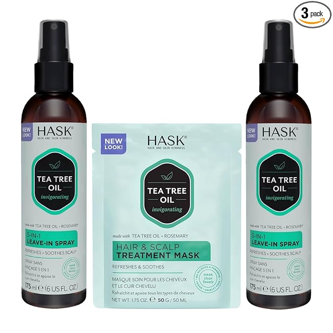 HASK Invigorating TEA TREE OIL 5-in-1 Leave In Conditioner Duo (6oz-Qty 2) & Deep Conditioner Packette, Aluminum-Free, Sulfate-Free, Paraben-Free, Color Safe, for All Hair Types