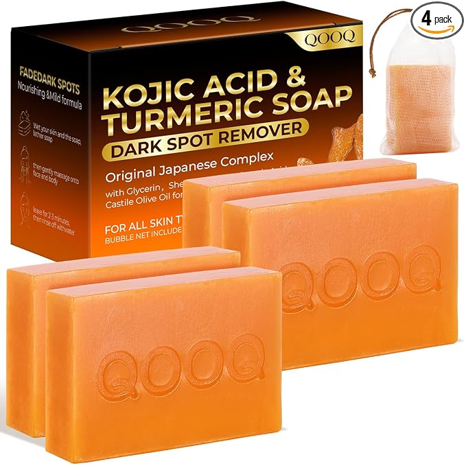 QOOQ Turmeric Kojic Acid Soap for Dark Spots Remover – Facial Cleansing Bar with Vitamin C, Retinol, Collagen, Vitamin E, Glycerin, Shea Butter & Castile Olive Oil – Soap for Women & Men (120g x 4)