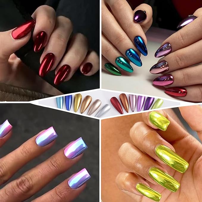 Chrome Nail Powder 12 Colors Metallic Chrome Powder for Nails Mirror Effect Neon Red Green Blue Purple Chrome Powder Set Extra Fine Glitter Rub Pigment Y2K Nail Design Manicure Supplies