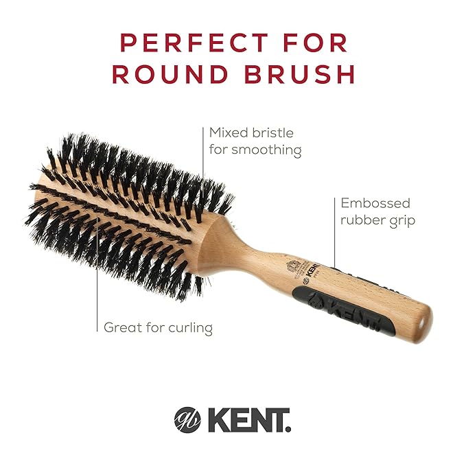 Kent PF09 Large Round Curling Brush with Hard Natural Boar Bristle - Hair Drying Brush and Blowout - Round Brushes for Dry Hair - For Shoulder Length or Shorter Hairs