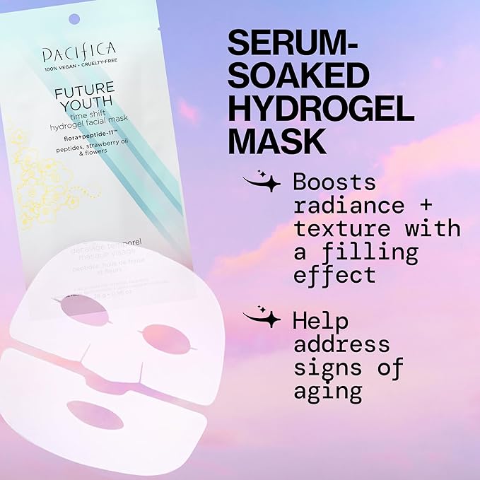 Pacifica Future Youth Time Shift Hydrogel Facial Mask, Multi-Peptide Anti-Aging Sheet Mask for Firming & Plumping, Ultra-Hydrating Serum-Infused Mask for Face & Neck, 100% Vegan