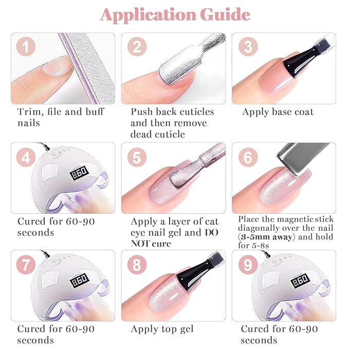 RARJSM Moonlight Silky Diamond Cat Eye Gel Nail Polish Set 6 Colors Nude Purple Pink Champagne Orange Red Sparkle Cateye Glitter Gelpolish with Magnet Stick Curing Requires Home Salon