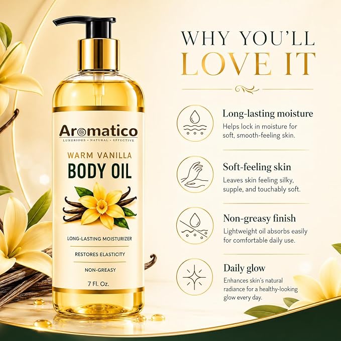 Aromatico Warm Vanilla Body Oil for Women - 7 fl oz | Moisturizing Scented Body Oil for After Shower Daily Use | Cozy, Creamy Vanilla Scent