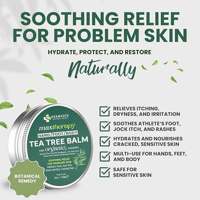 KESMEDIK Tea Tree Oil Balm for Skin, Soothes Itching, Rashes & Dry Skin, Antifungal Defense for Athlete’s Foot, Jock Itch, Chafing, Bug Bites & Eczema, Natural, Effective & Safe for All Ages, 2-Pack