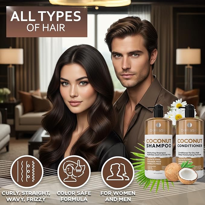 Coconut Shampoo and Conditioner Set - Sulfate Free, Deep Moisturizing, Hydrating, Anti Frizz Formula for Women and Men - Professional Salon Grade - Dry, Damaged Hair Care Products 16 Fl Oz (Set of 2)