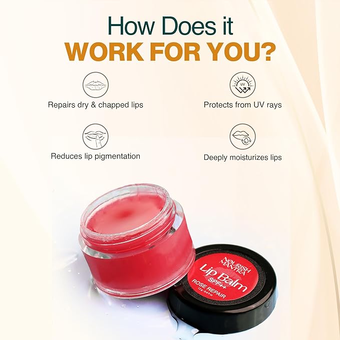 Nourish Mantra Rose Repair Lip Balm with SPF | Made with Rose Extracts, Olive oil, Shea Butter, Vitamin E & Avocado Oil | For Dry, Chapped and Dark Lips | Best for Both Women and Men | 12g