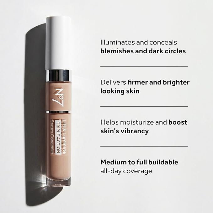 No7 Lift & Luminate Triple Action Serum Concealer - Truly Medium - Anti Aging Liquid Concealer Makeup for Blemishes & Dark Circles - Medium to Full Coverage Concealer for Face (8ml)