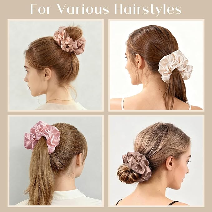 Lolalet Big Satin Scrunchies for Women, 5.9 Inch Large Oversized Scrunchie, Soft Jumbo/Giant Scrunchies Hair Ties for Thick & Curly Hair -4 Pack, Light Caramel/Champagne/Pink/Khaki