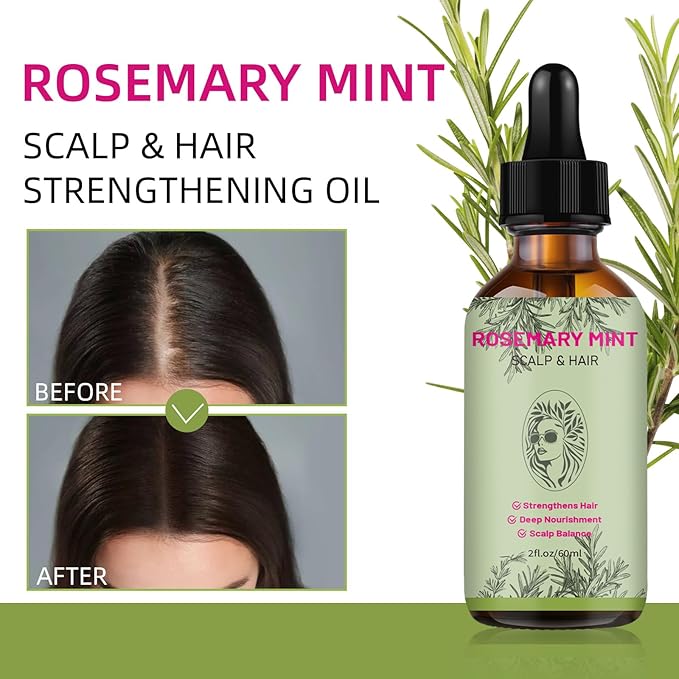 Rosemary Oil Hair, Rosemary Essential Oils for Hair Growth - Lightweight Non-Greasy Hair Serum to Nourish Scalp, Improve Dry Hair Texture, Includes Lash & Brow Applicators (2 FL Oz)