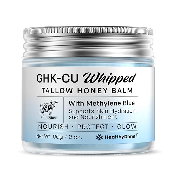 HealthyDerm Copper Peptides GHK-Cu Beef Tallow for Skin: Blue Balm with Methylene Blue, Manuka Honey & Vitamin E – Natural Face and Body Moisturizer for Mature, Dry & Sensitive Skin – 2oz