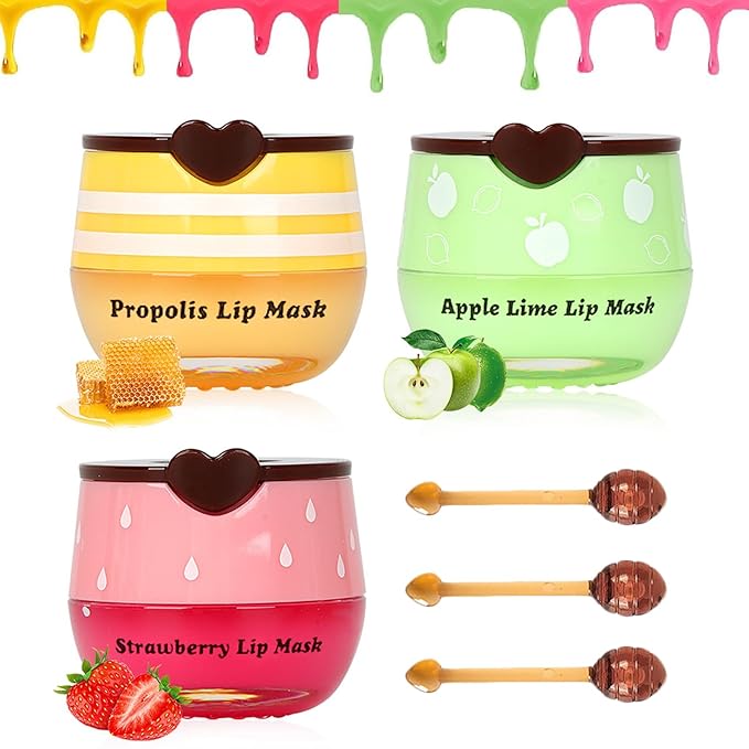 3 PCS Bee Lip Mask Lip Balm Honey Pot, Strawberry & Honey Lip Sleeping Mask Hydrating Prevention Dry and Cracked Lip Scrubs Exfoliator,Lip Mask Overnight Reduces Lip Lines