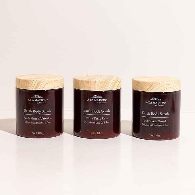 A LA MAISON Earth Body Scrub – White Tea & Rose – Natural Pumice Scrub with Shea Butter & Olive Oil – Gently Exfoliates & Softens Skin – French Formula – Plant-Based – 7 oz – Amber Collection