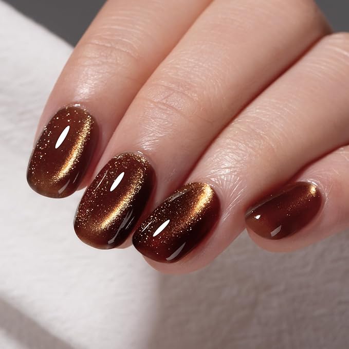MAYCHAO 15ML Fall Brown Cat Eye Gel Nail Polish 1Pc Gilded Cocoa Cat Eye Gel Polish Soak off Holographic Magnetic Nail Polish for Nail Art Manicure Salon DIY at Home, 0.5 OZ