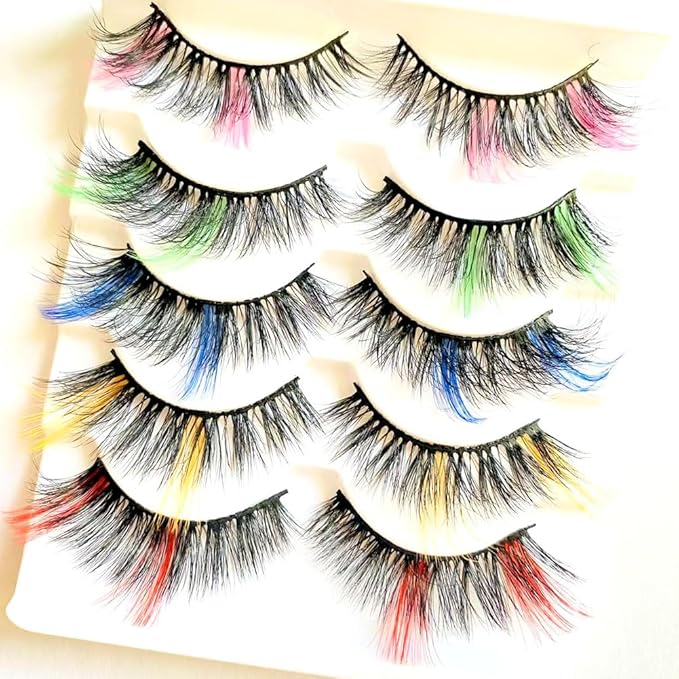 Sunniess Ombre Colored Lashes Silk Protein Fluffy Wispy Volume Fake Lashes for Halloweens Cosplay Party Stage Russian D Curl Lashes with Color Make up Faux Mink False Eyelashes