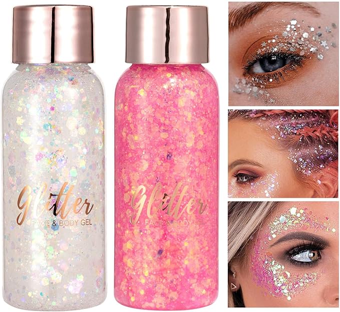 Body Glitter Gel, Mardi Gras Chunky Face Glitter Mermaid Sequins, Sparkly Hair Glitter,Singer Concert Festival Rave Accessories, Halloween Body Painting (#107 Rose Gold)